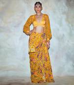 Yellow Floral Print Saree Set