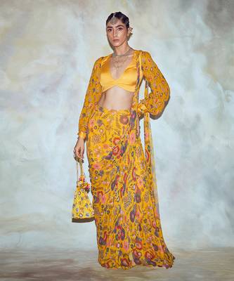 Yellow Floral Print Saree Set 2