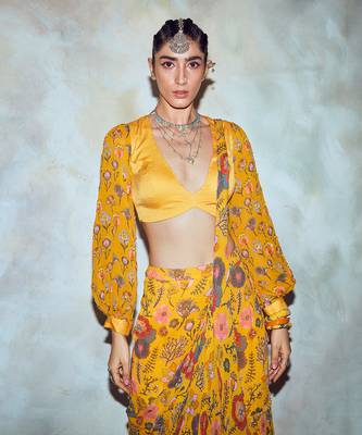 Yellow Floral Print Saree Set 3