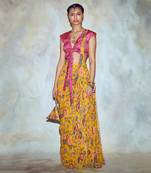 Fuschia Pink Leaf Print Saree Set