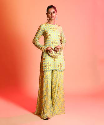 Yellow- Sharara set with potli bag 1