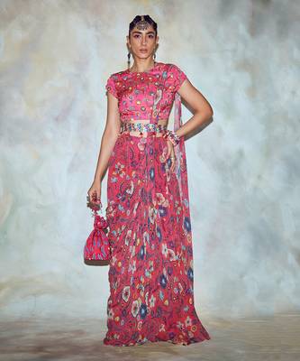 Fuchsia Pink Floral Saree Set 1