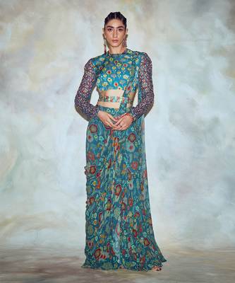 Teal Blue Floral Saree Set 1