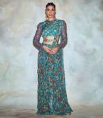 Teal Blue Floral Saree Set