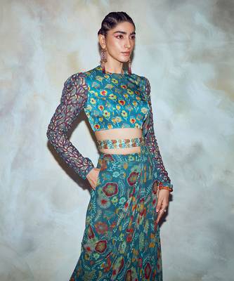 Teal Blue Floral Saree Set 2