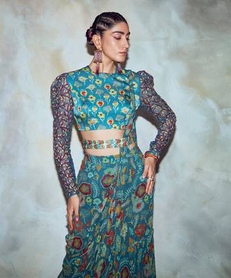 Teal Blue Floral Saree Set 3