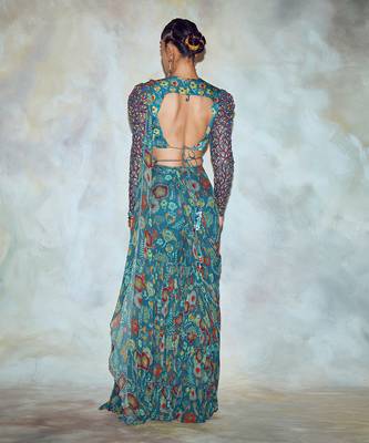 Teal Blue Floral Saree Set 4