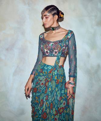 Teal Blue Mix Embroidered Saree Set 2