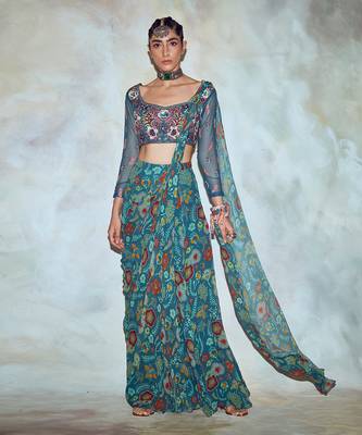Teal Blue Mix Embroidered Saree Set 1
