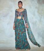 Teal Blue Mix Embroidered Saree Set