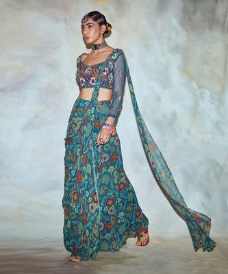 Teal Blue Mix Embroidered Saree Set 3