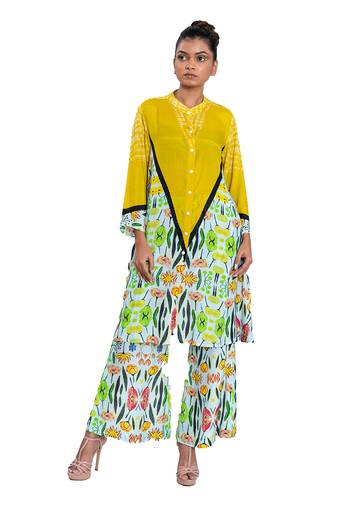 Yellow Triangle Shibori Floral Band Collar Kurta