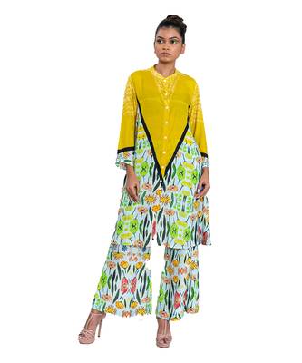 Yellow Triangle Shibori Floral Band Collar Kurta 1