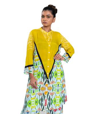Yellow Triangle Shibori Floral Band Collar Kurta 2
