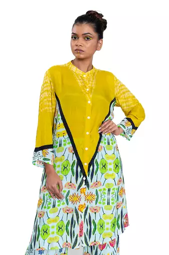 Yellow Triangle Shibori Floral Band Collar Kurta