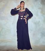 Dark Blue Leaf Embroidered Saree Set