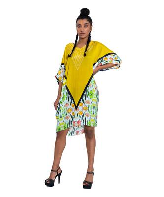 Yellow Triangle Shibori Floral Short Kaftan Dress 1