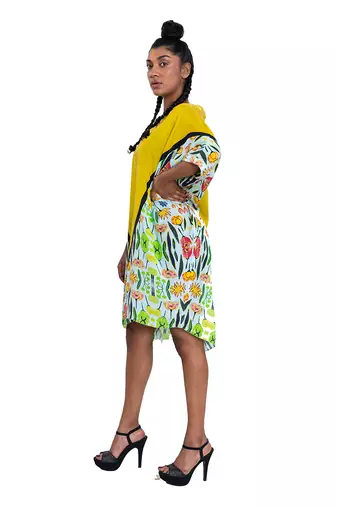 Yellow Triangle Shibori Floral Short Kaftan Dress