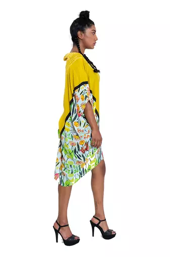 Yellow Triangle Shibori Floral Short Kaftan Dress