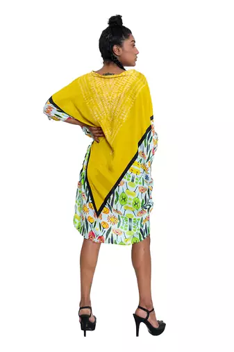 Yellow Triangle Shibori Floral Short Kaftan Dress