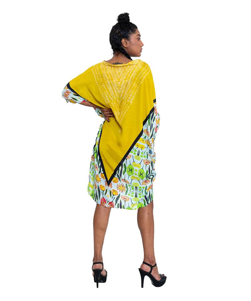 Yellow Triangle Shibori Floral Short Kaftan Dress