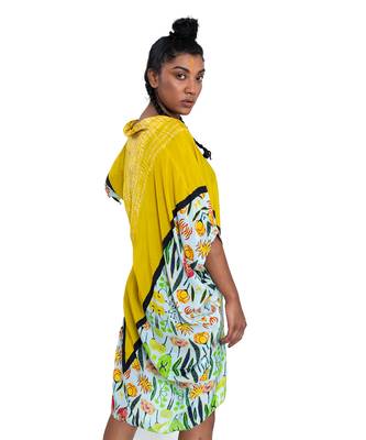 Yellow Triangle Shibori Floral Short Kaftan Dress 5