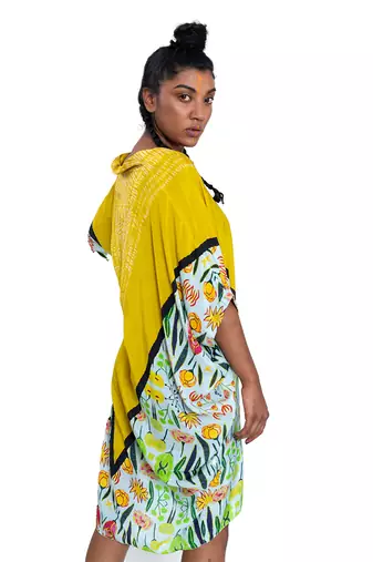 Yellow Triangle Shibori Floral Short Kaftan Dress