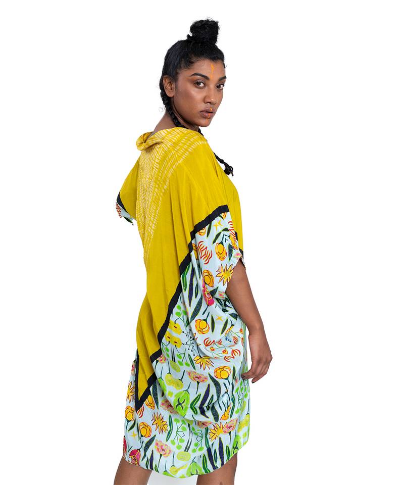 Yellow Triangle Shibori Floral Short Kaftan Dress