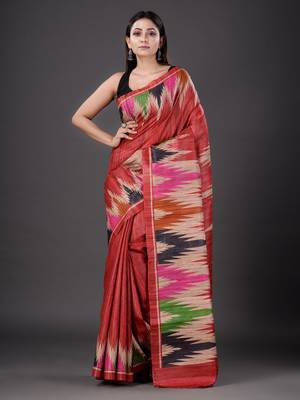 Rust hand woven silk saree with blouse 1