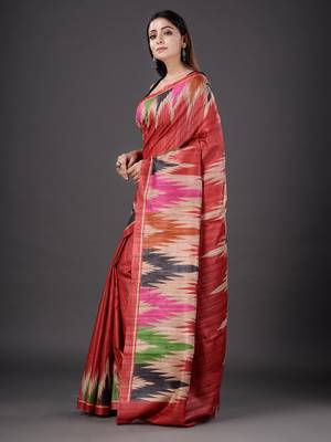 Rust hand woven silk saree with blouse 2