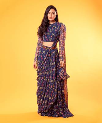 Blue Embroidered Gharara Saree With Blouse 1