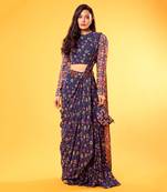 Blue Embroidered Gharara Saree With Blouse