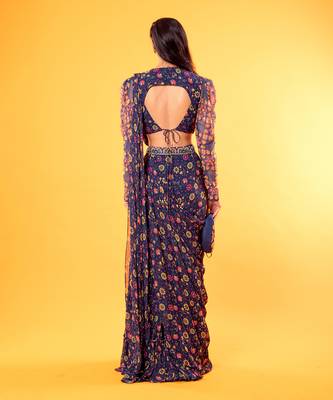 Blue Embroidered Gharara Saree With Blouse 3