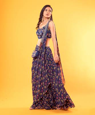BLUE Jaal Printed Tiered Saree   1