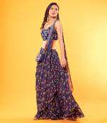 BLUE Jaal Printed Tiered Saree  