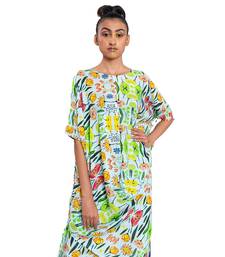 Off White With Green Floral Draped Dress