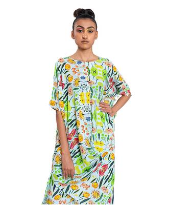 Off White With Green Floral Draped Dress 2
