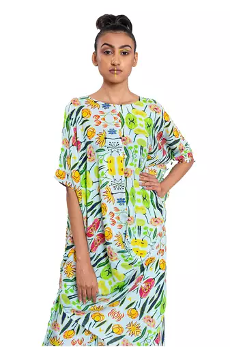 Off White With Green Floral Draped Dress