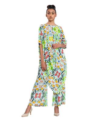 Off White With Green Floral Draped Dress 1
