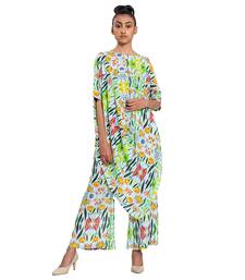 Off White With Green Floral Draped Dress