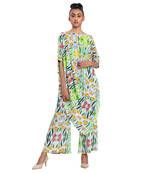 Off White With Green Floral Draped Dress