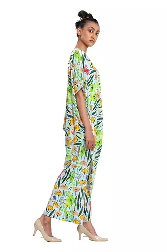 Off White With Green Floral Draped Dress