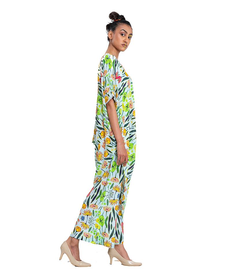 Off White With Green Floral Draped Dress