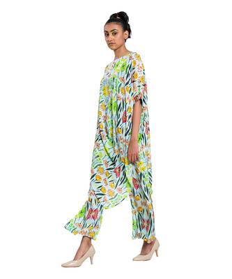 Off White With Green Floral Draped Dress 4