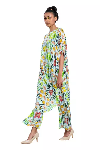 Off White With Green Floral Draped Dress