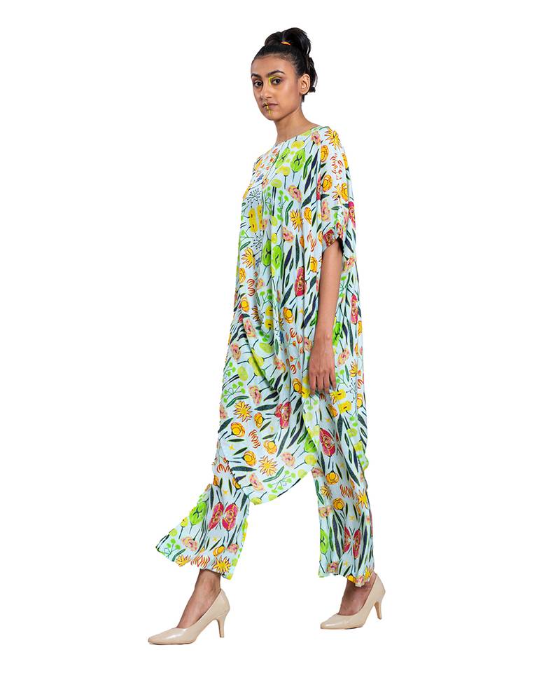 Off White With Green Floral Draped Dress