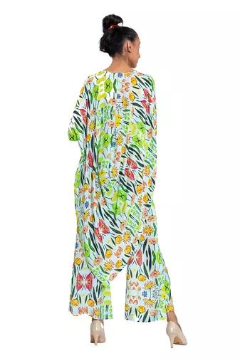 Off White With Green Floral Draped Dress