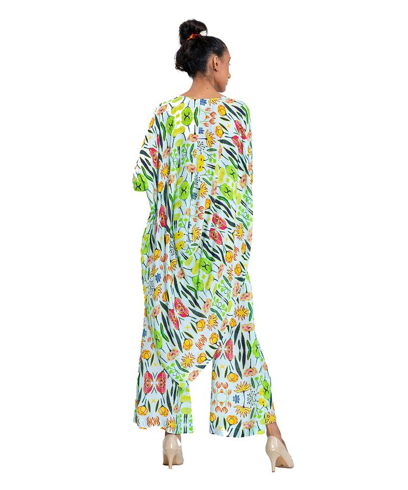 Off White With Green Floral Draped Dress