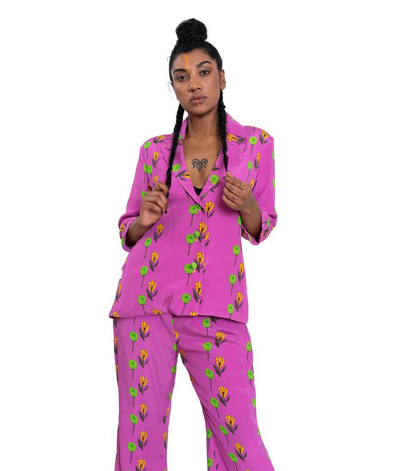 Pink Rose And Tulip Print Pant Suit