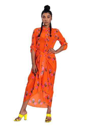 Orange Draped Self Tie Skirt
